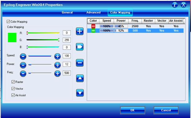 Epilog Color Mapping Settings